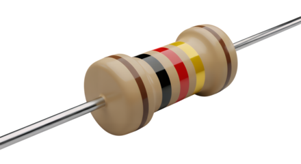 A close-up macro shot of a single axial electronic resistor component with color code bands for measuring resistance, isolated on transparent background