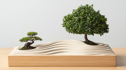 A tranquil Zen garden with raked sand, bonsai trees, and a small stone bridge