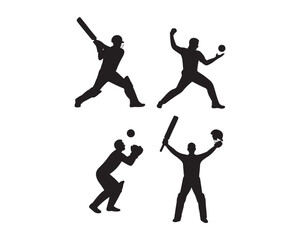 Batsman leg-side hook shot, swing bowling action, wicket-keeping squat stance, and raised-bat victory pose victory Silhouette celebration Vectior illustration design collection set