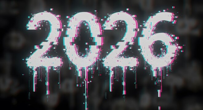 Glitch style rendering of year 2026 symbolizing digital error and futuristic concept Distorted text style font design