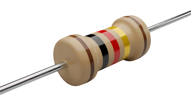 A close-up macro shot of a single axial electronic resistor component with color code bands for measuring resistance, isolated on transparent background