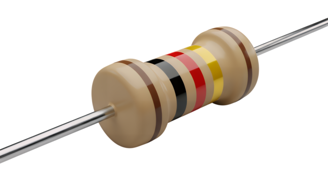 A close-up macro shot of a single axial electronic resistor component with color code bands for measuring resistance, isolated on transparent background
