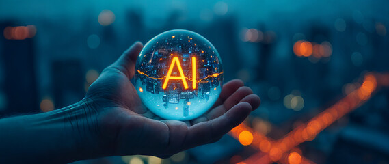 Hand holding glowing AI sphere symbolizing advanced artificial intelligence, digital innovation and futuristic data systems