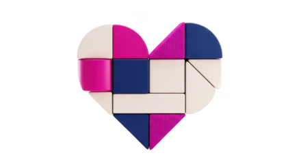 Geometric heart shape constructed from colorful blocks