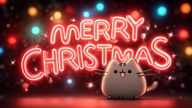 Festive Christmas greeting with a cute cartoon cat glowing neon text and colorful bokeh lights for holiday cards and social media posts