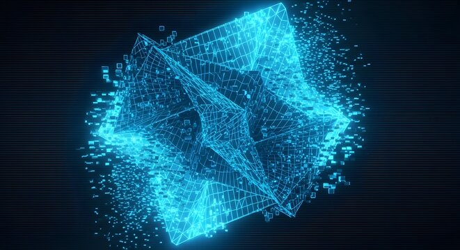 Abstract digital wireframe cube representing data streams and technology evolution on black background with blue light