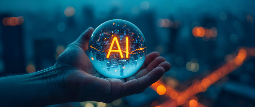 Hand holding glowing AI sphere symbolizing advanced artificial intelligence, digital innovation and futuristic data systems