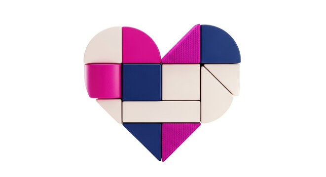 Geometric heart shape constructed from colorful blocks