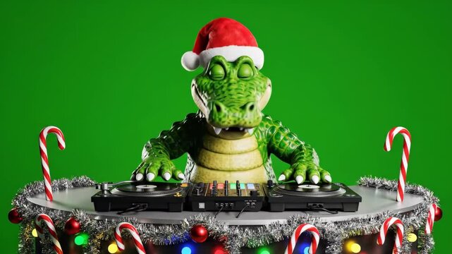 Holiday Crocodile DJ - A festive crocodile wearing a Santa hat is mixing music on a DJ setup, decorated with Christmas lights, tinsel, and candy canes. He is set against a vibrant green background.