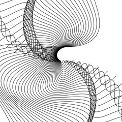 A yellow and black striped line drawing of a spiral. The lines are thin and wavy