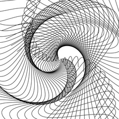 A yellow and black striped line drawing of a spiral. The lines are thin and wavy