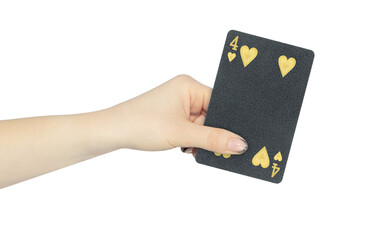 playing card hearts 4 in hand, outstretched hand with black playing card isolated from background
