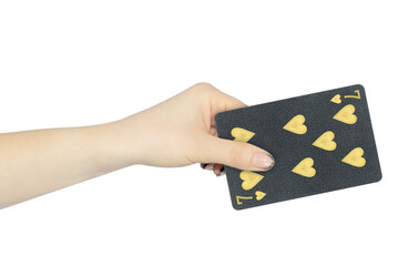playing card hearts 7 in hand, outstretched hand with black playing card isolated from background