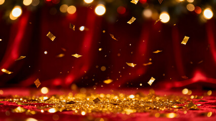 Golden confetti falling onto a red velvet stage illuminated by warm bokeh lights creating a festive atmosphere