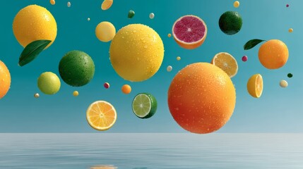 Colorful assortment of floating citrus fruits, including oranges, lemons, limes, and grapefruits, suspended above a tranquil water surface, creating a refreshing and vibrant atmosphere