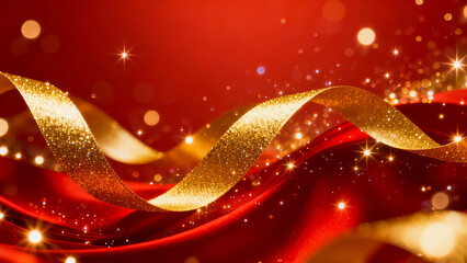 Elegant flowing golden ribbon with sparkling lights on a luxurious red satin background for celebrations