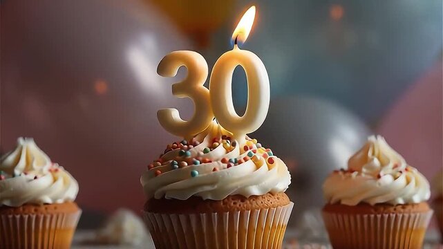30th birthday muffin with white frosting and colorful sprinkles and light candle in number 30, against a birthday decoration with balloons