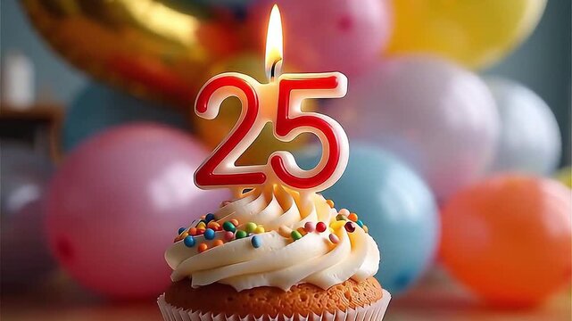 25th birthday muffin with white frosting and colorful sprinkles and light candle in number 25, against a birthday decoration with balloons - Powered by Adobe
