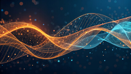 Blended orange and blue digital waves visualizing information flow, futuristic technology patterns and dynamic data movement