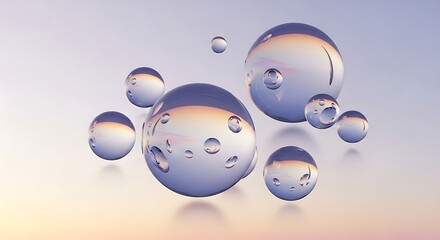 Abstract image of water drops on reflective spheres in soft light background