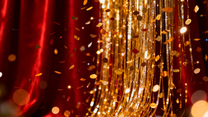 Golden confetti falling in front of a luxurious red velvet curtain creating a festive and celebratory atmosphere