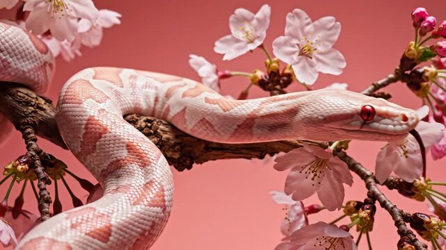 Albino snake with striking red eyes resting among delicate pink cherry blossoms.