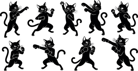 Black Cat Martial Arts Poses Vector Illustration – Funny Boxing Animal Character in Combat Stance for Sports, Humor, and Design Use