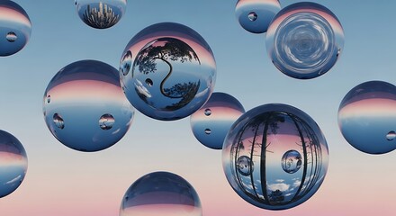 Multiple clear spheres floating in air reflecting diverse landscapes and sky