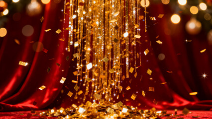 Golden confetti falling from above against a rich red velvet curtain background with bokeh lights