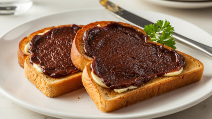 A plate of delicious chocolate spread sandwiches on toast with butter and a garnish of parsley