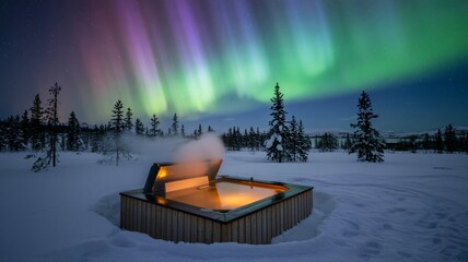 Luxurious outdoor hot tub steaming under the vibrant northern lights in winter