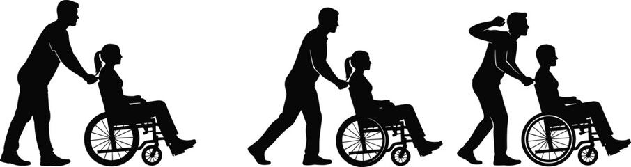 Fototapeta premium Man Pushing Woman in Wheelchair Silhouette Vector Set, Disabled Care, Assistance, Disability, Accessibility, Medical Help, and Healthcare Graphic Illustrations