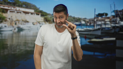 Hispanic man pinching fingers to show a small amount at a sunny port with boats and seaside...