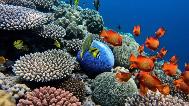 Colorful fish swimming above a majestic coral reef thriving in blue ocean water