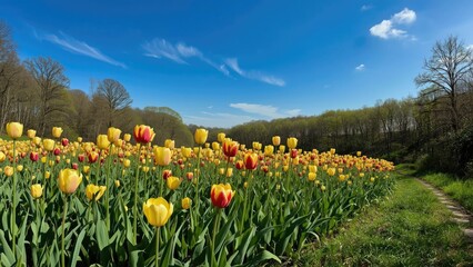 Obraz premium Colorful tulip field under a blue sky with clouds, surrounded by trees and greenery, during spring or early summer.