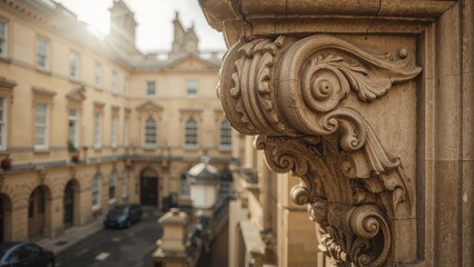 A close-up of an ornate architectural detail on a classical building, with a background of other historic structures and a street scene.