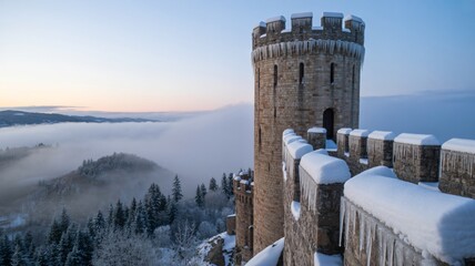 Majestic medieval castle tower covered in snow and icicles above misty valley