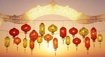 Decorative chinese lanterns under golden arch against sunset sky background