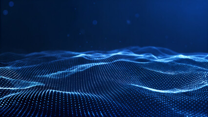 Futuristic blue digital wave grid showing dynamic data movement, artificial intelligence patterns and flowing cyber technology