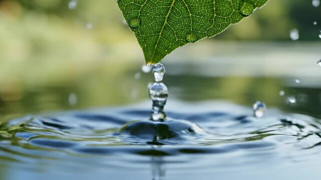 Extreme close up of a pure water droplet falling from a vibrant green leaf into a calm pond, creating a mesmerizing splash and beautiful circular ripples on the serene liquid surface