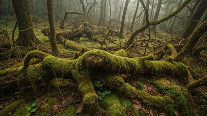 Naklejka premium Moss-covered roots and tangled branches in a foggy forest landscape.
