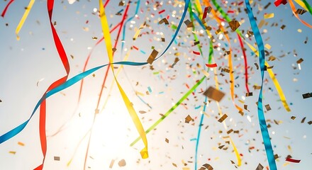 Colorful confetti and streamers falling from clear blue sky celebrating event