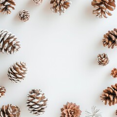 Christmas pine cones on white background Flat Lay Mockup
