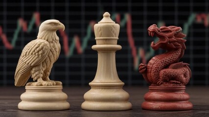 Intricate Chess Pieces Featuring Eagle, King, and Dragon with Stock Market Graph in Background 4k video footage - Powered by Adobe
