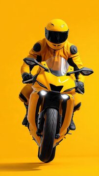 Vibrant motorcyclist in yellow racing suit against bold orange backdrop in motion sequence