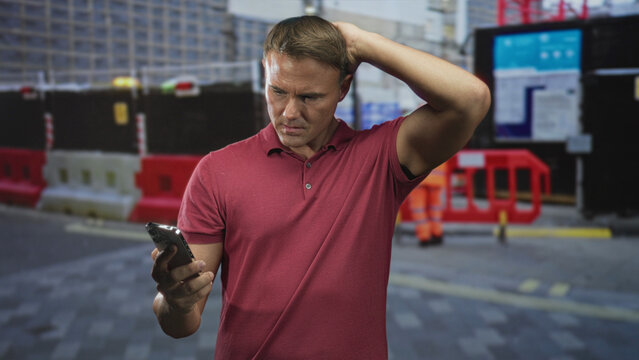 Man holding smartphone, hand to head gesture while checking phone by street construction barriers and pavement, puzzled expression; frustration.