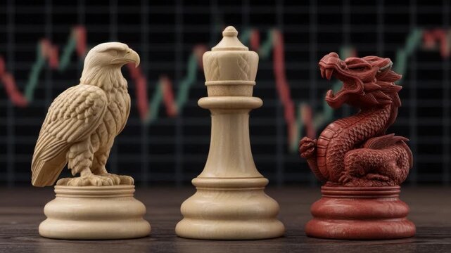 Intricate Chess Pieces Featuring Eagle, King, and Dragon with Stock Market Graph in Background 4k video footage