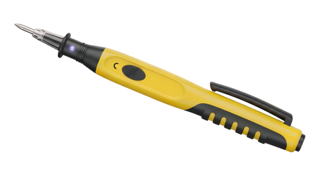 Bright yellow and black non-contact voltage detector pen, a modern electrical safety testing device for circuits and wiring, isolated on transparent background