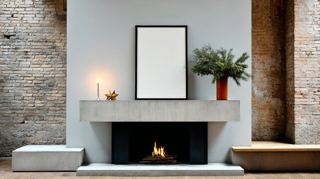 Modern minimalist living room featuring a stylish fireplace with a blank frame above, decorative plants, and warm ambiance, creating a cozy and inviting atmosphere for relaxation and gatherings