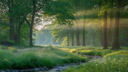 Sunlit forest stream in vibrant green nature